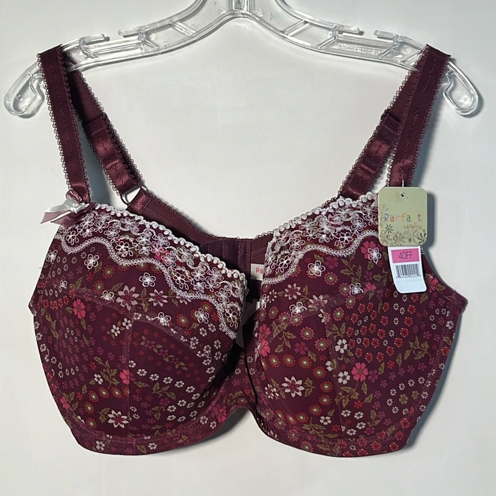 PARFAIT BY AFFINITAS NWT "Evelyn" Floral & Lace Wine Underwire Padded Bra 40FF